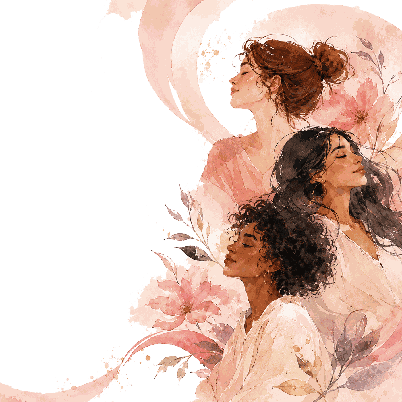 Three women together, watercolor illustration in rosy tones