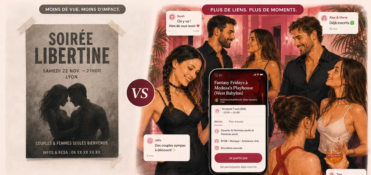 Une affiche de soirée libertine seule face à une fiche d'événement WishPride avec ses participants