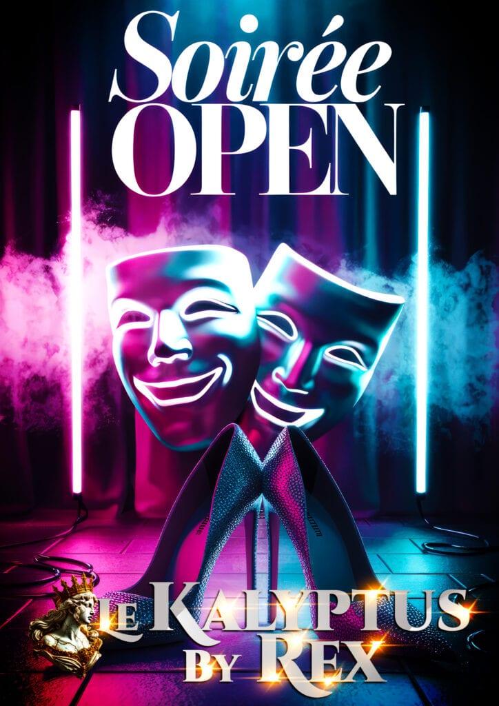 Couverture de club néon pour « Soirée Open » par Kalyptus by Rex, avec deux masques de théâtre, des barres lumineuses colorées et une fumée rose et bleue avec le titre de l'événement.