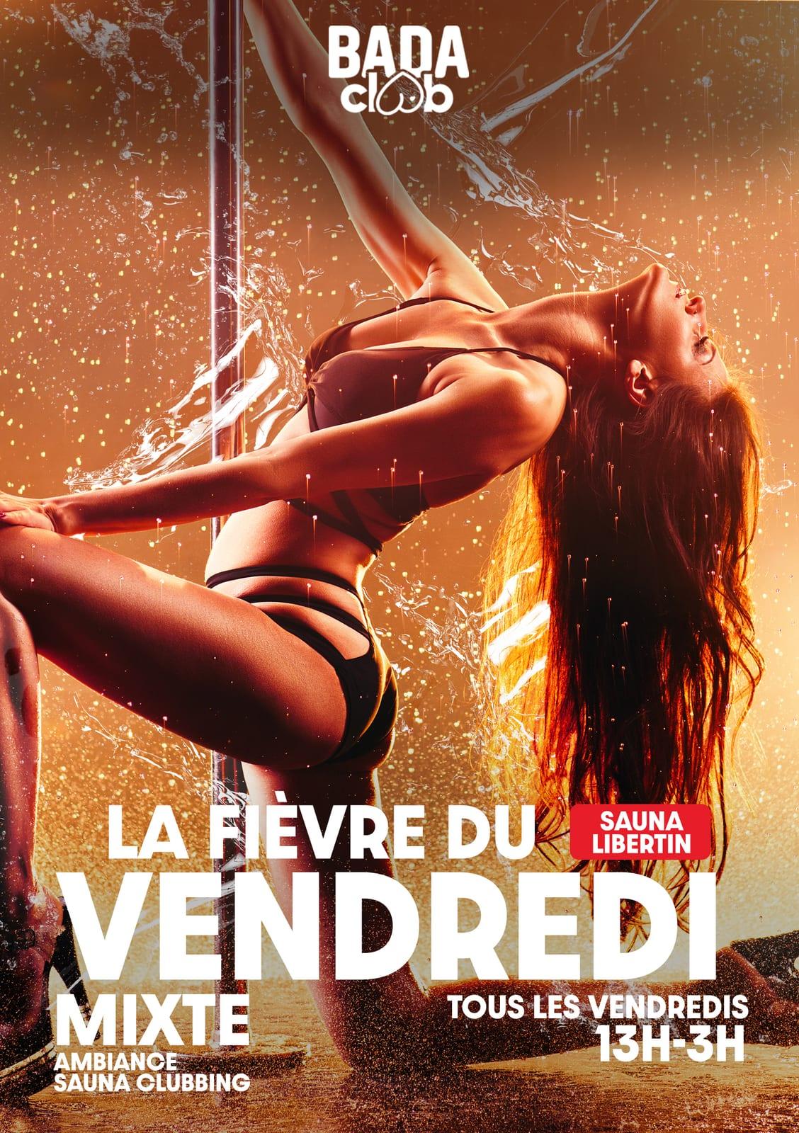Visuel de couverture de l’événement au Bada Club avec des éclaboussures orange chaudes, un badge « Soirée libertine » et le texte « La Fièvre du Vendredi » avec « Tous les vendredis 13h-3h ».