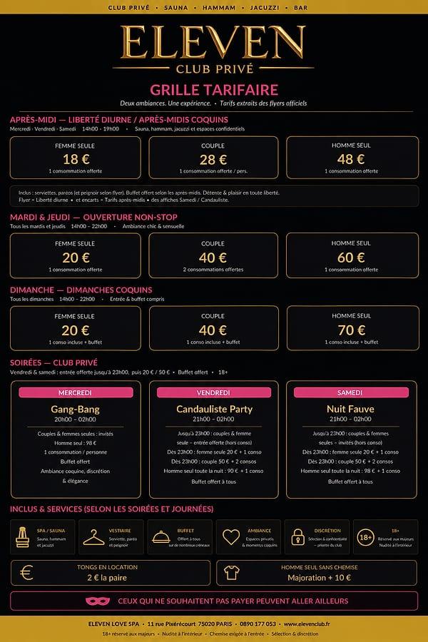 Event cover poster for Eleven Club Privé Paris, listing afternoon delight time slots and price tables, with icons for sauna, hammam, jacuzzi and bar.