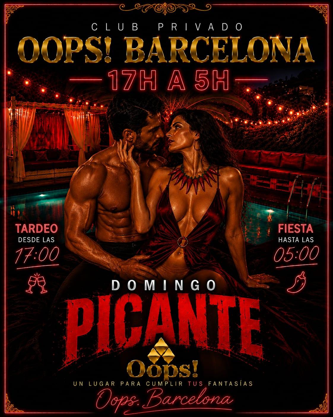Neon event cover for Oops Barcelona in Barcelona with "Spicy Sunday" text and 17:00–05:00 timings over a rooftop pool scene and colorful fireworks lights.