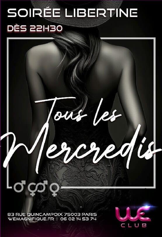 Promotional flyer for “Swingers Night” at LE WE CLUB, Paris, with the texts “From 10:30 p.m.” and “Every Wednesday,” plus the address 83 Rue Quincampoix and the WE Club logo.