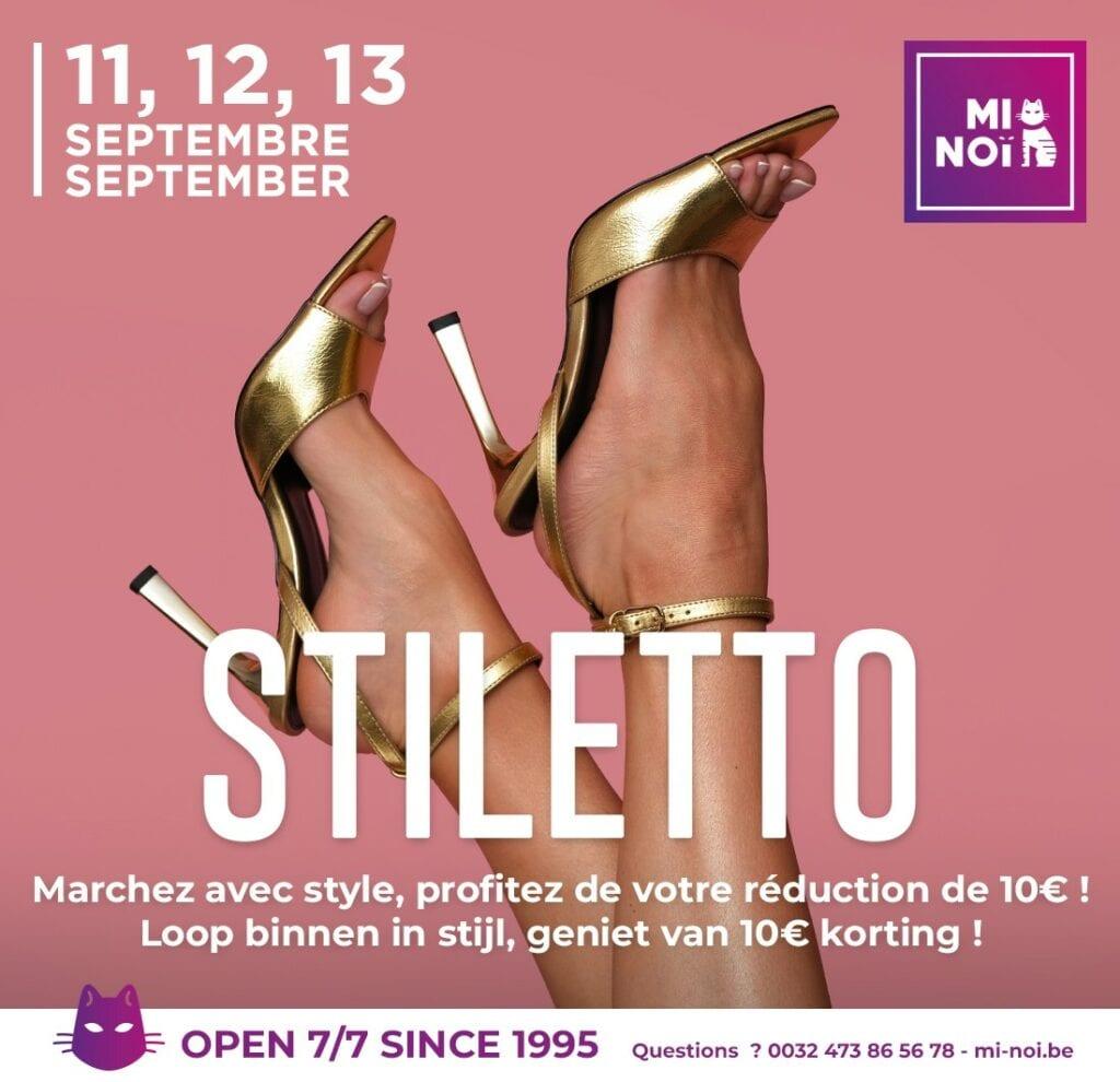 Pink event cover for Stiletto at Mi-Noï in Pecq showing gold stiletto heels, the dates 11 to 13 September 2026, the Mi-Noï logo and a 10 euro discount message.