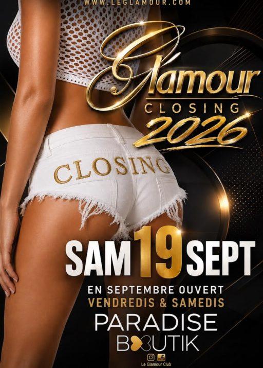 Event cover for Le Glamour Closing 2026 with a gold “Glamour” logo, bold date “SAM 19 SEPT,” and “PARADISE BOUTIK” text over a dark dotted background with white denim shorts.