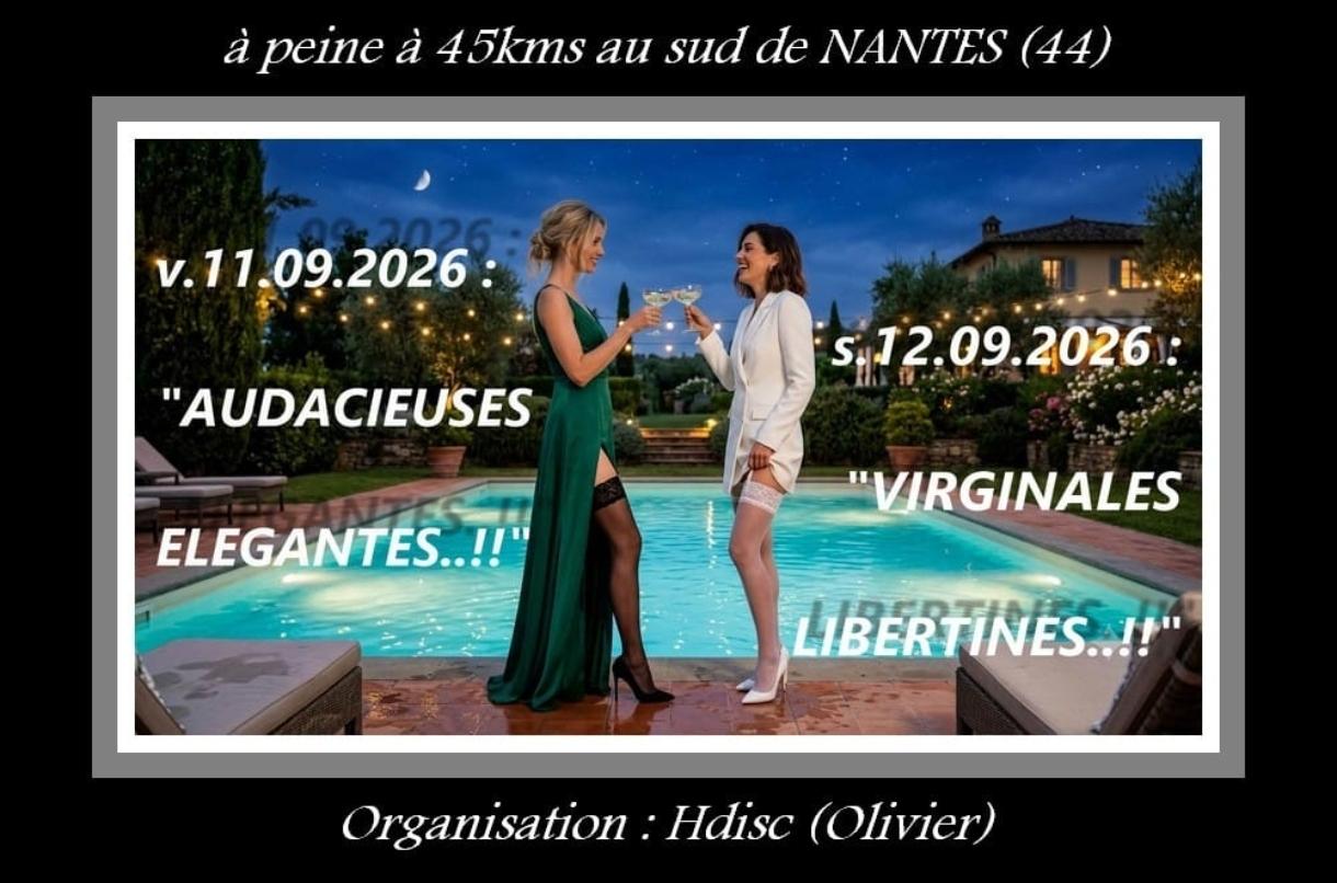 Visuel de couverture de l’événement pour @HDISC montrant un jardin de nuit avec une piscine éclairée, deux invitées en tenues élégantes vert et blanc tenant un trophée, et le texte de date « 11–12.09.2026 » avec des thèmes comme « Virginales » et « Libertines ».
